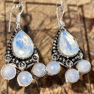 Rainbow Moonstone & Synthetic Opalite Earrings 1 1/2”